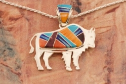 Navajo Artist Calvin Begay Genuine Gemstones Sterling Silver Buffalo Pendant